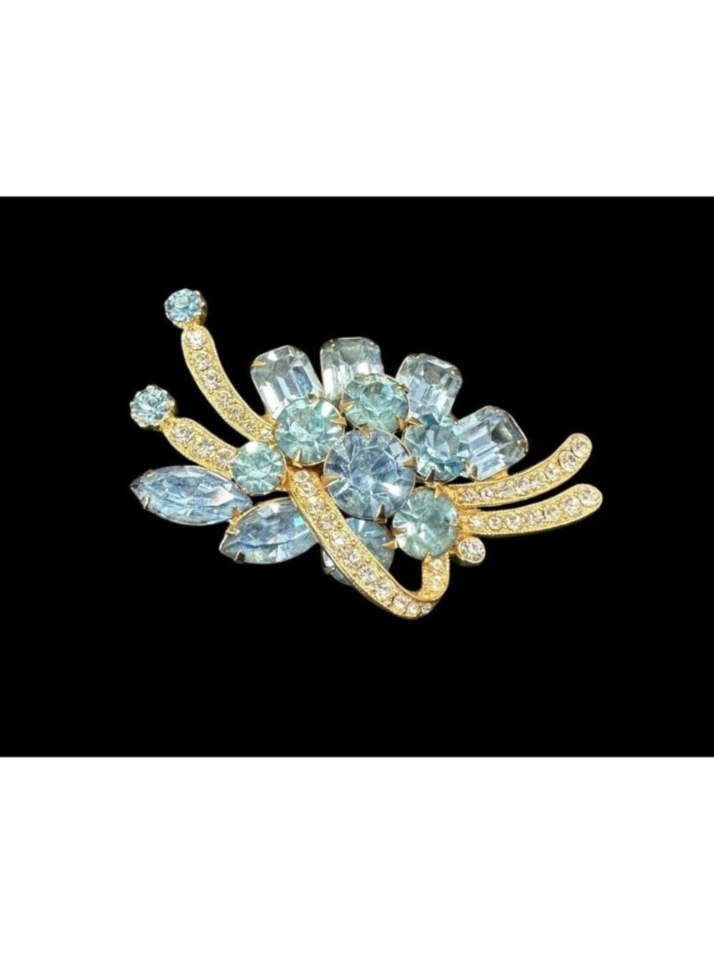 Vintage Eisenberg Ice Brooch Blue Clear Pave Rhinestone Gold Plated Signed